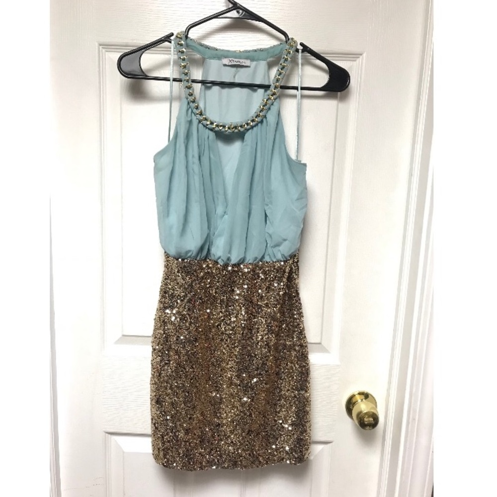 Aqua and Gold Sequin Party Dress